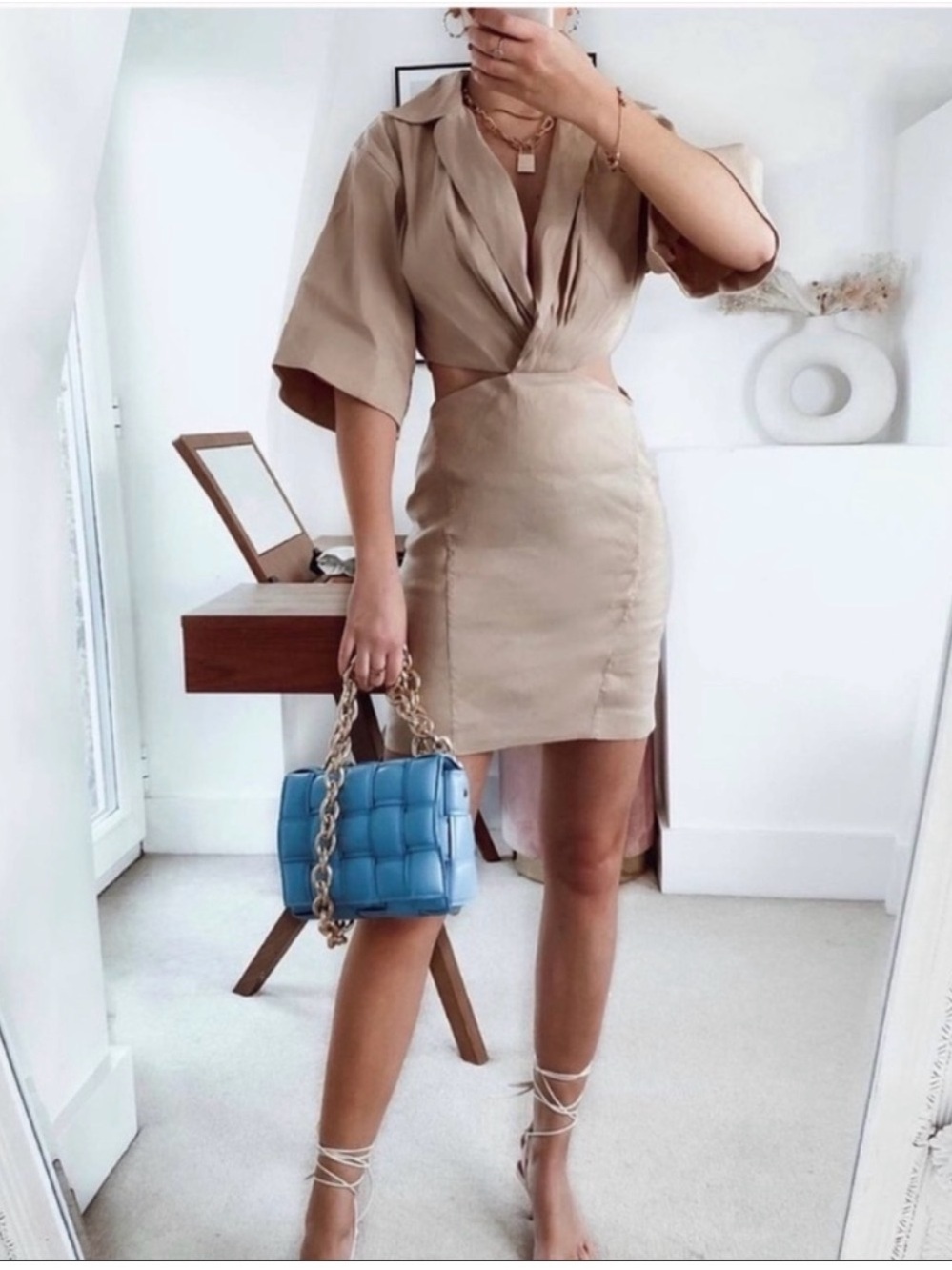 Zara Neutral Beige Cutout Mini Dress